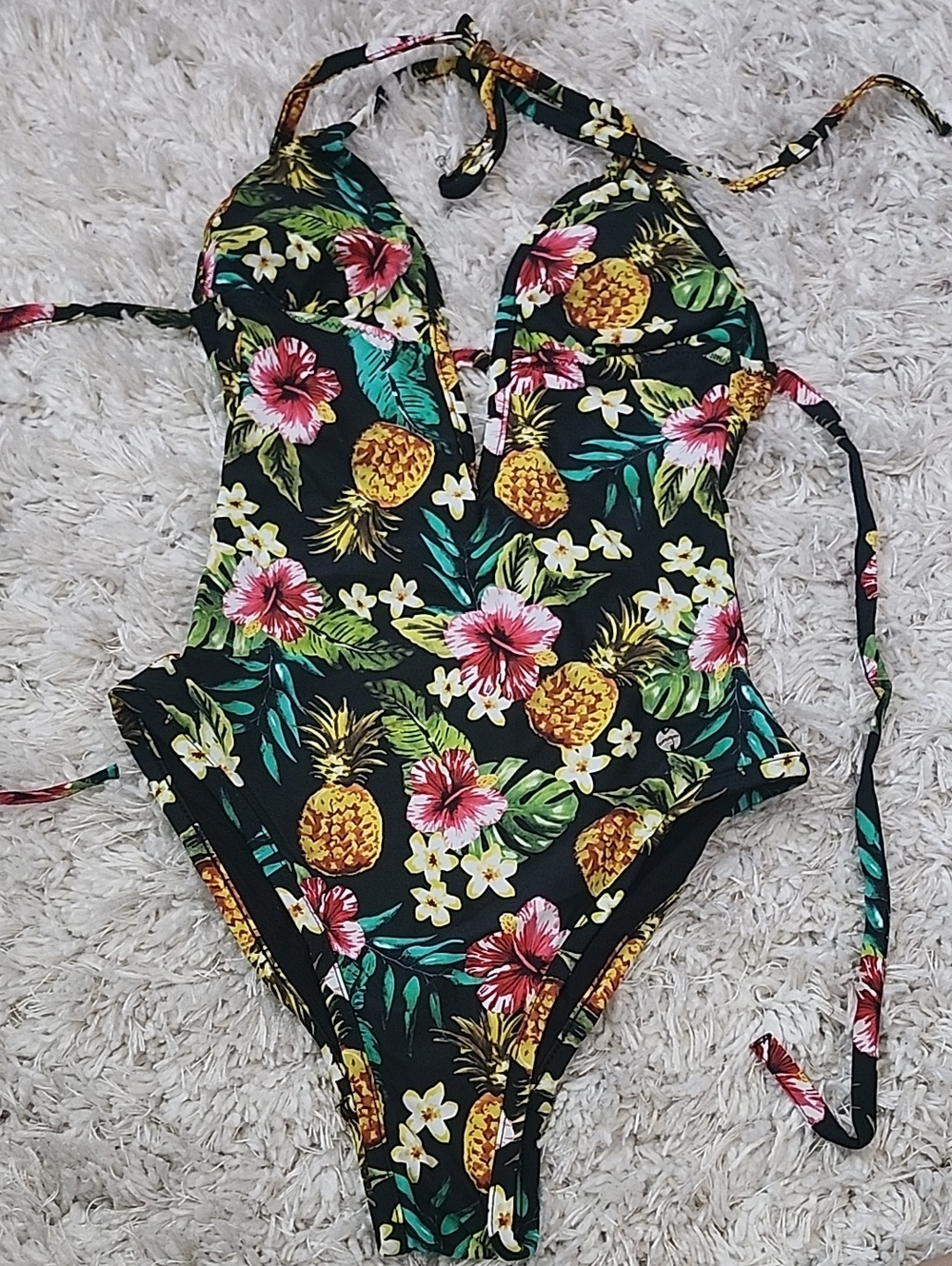 Superdry Black Tropical Pineapple Halter One-Piece Swimsuit XS